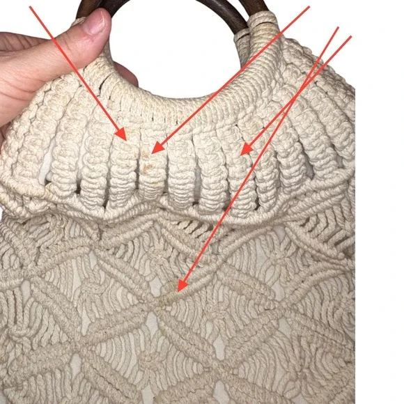 Boho Macrame Straw Tote Bag Wooden Handles Cream Beach Purse - Picture 2 of 5